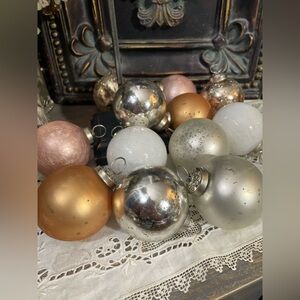 gold white peach silver glass ball Christmas tree ornaments earthy tone